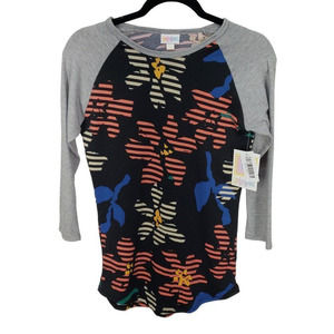 Lularoe Randy Black Floral Gray 3/4‎ Sleeve Women's Size XXS Raglan Style Shirt